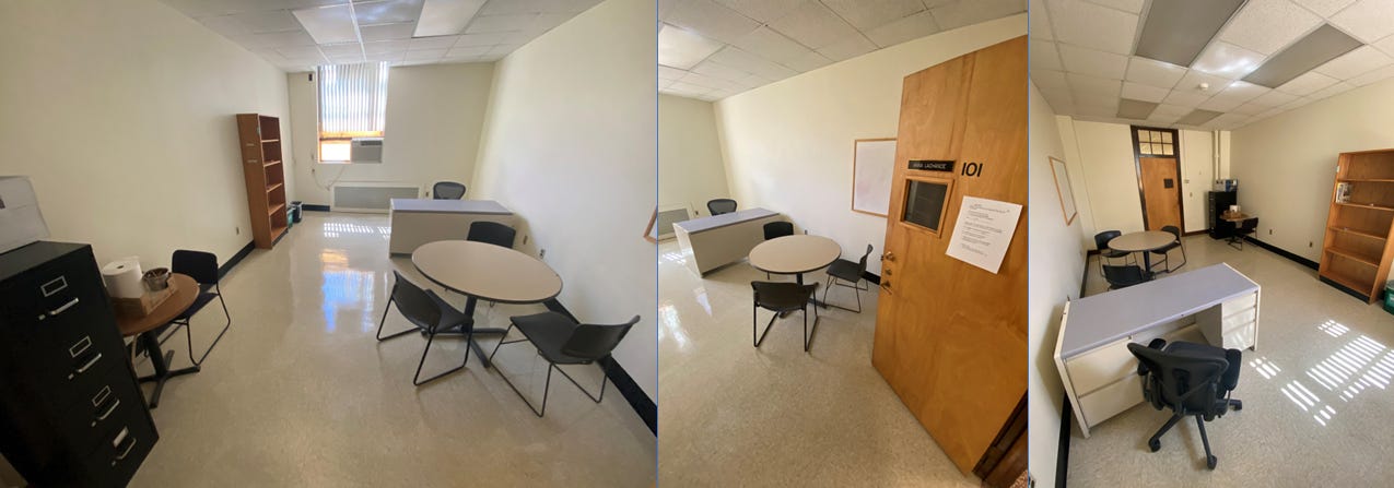 Image description: Pictures of my new UMass office, Goessmann 101. This is my first-ever private office, which is super exciting!! So much potential for decoration…