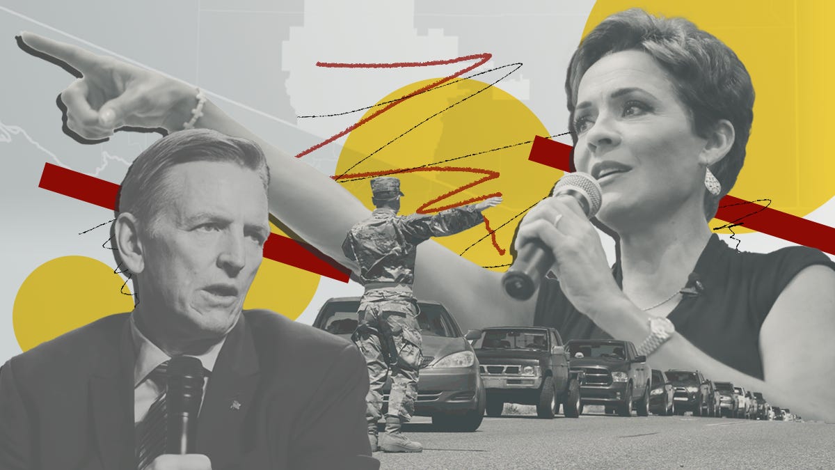 Photo illustration shows images of Congressman Paul Gosar and Arizona candidate for governor Kari Lake as well as an image of a man in a military uniform directing a line of civilian vehicles.