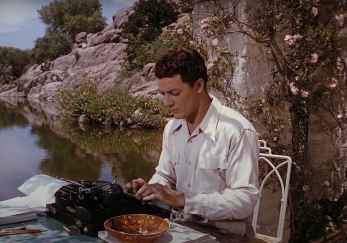 Cornel Wilde typing by a pond in New Mexico in John M. Stahl’s “Leave Her to Heaven” (1945)