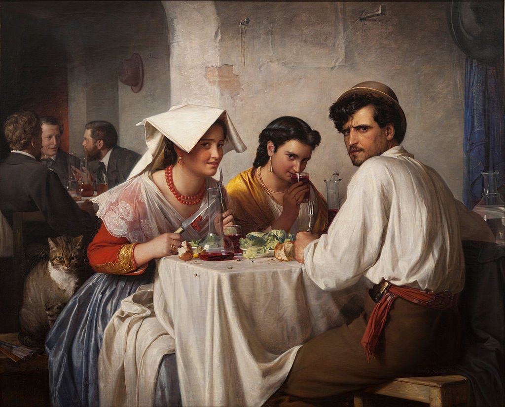 Titelbild: Das Gemälde „In einer römischen Osteria“ von Carl Bloch aus dem 19. Jahrhundert. In zeitgenössischer Kleidung schauen drei Personen (vermutlich zwei Frauen und ein Mann) die Betrachter*innen von ihrem Esstisch aus an. Ihre Blicke wirken interessiert, leicht spöttisch und skeptisch. Im Hintergrund unterhalten sich drei Männer, in der linken Bildmitte sitzt eine Katze und schaut auch in Richtung der Betrachter*innen.