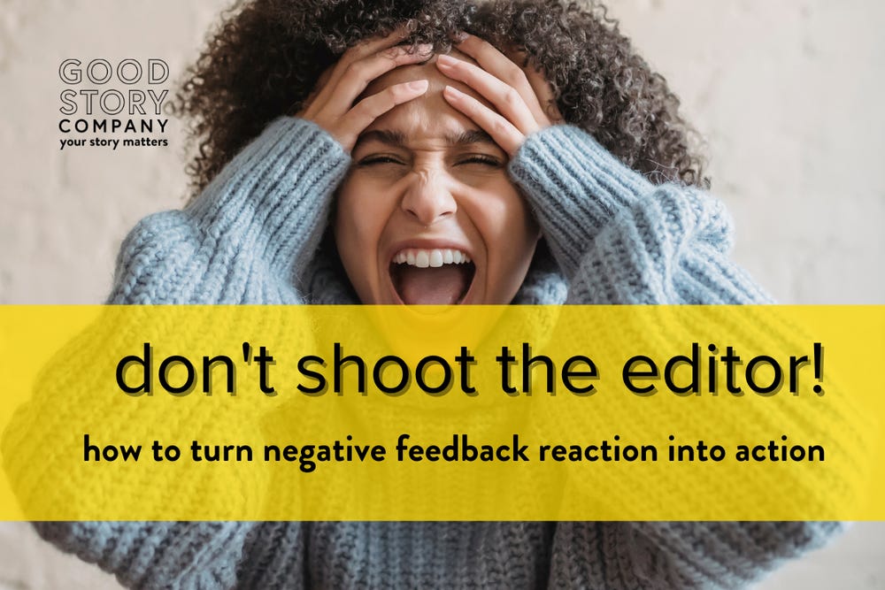A woman holds her head and screams at the camera. She must have gotten some negative feedback on her manuscript!