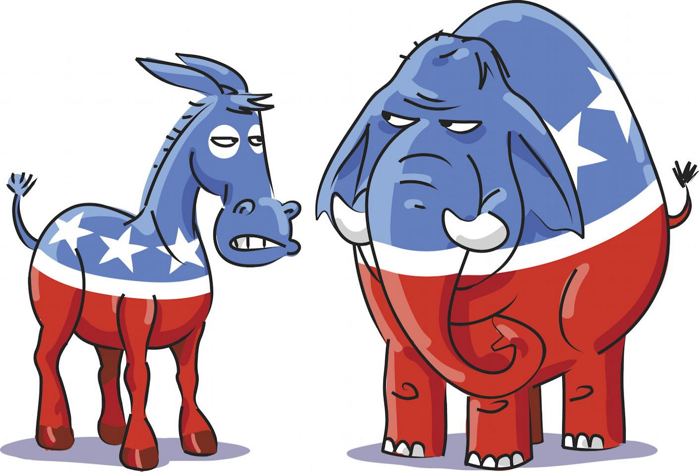 an angry Democratic donkey and Republican elephant looking at each other