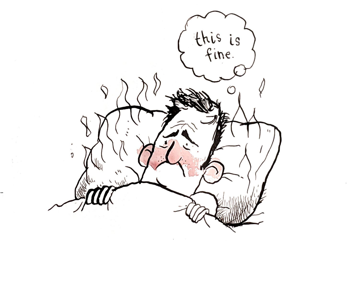 Guy lying in bed with pillow on fire "This is fine"