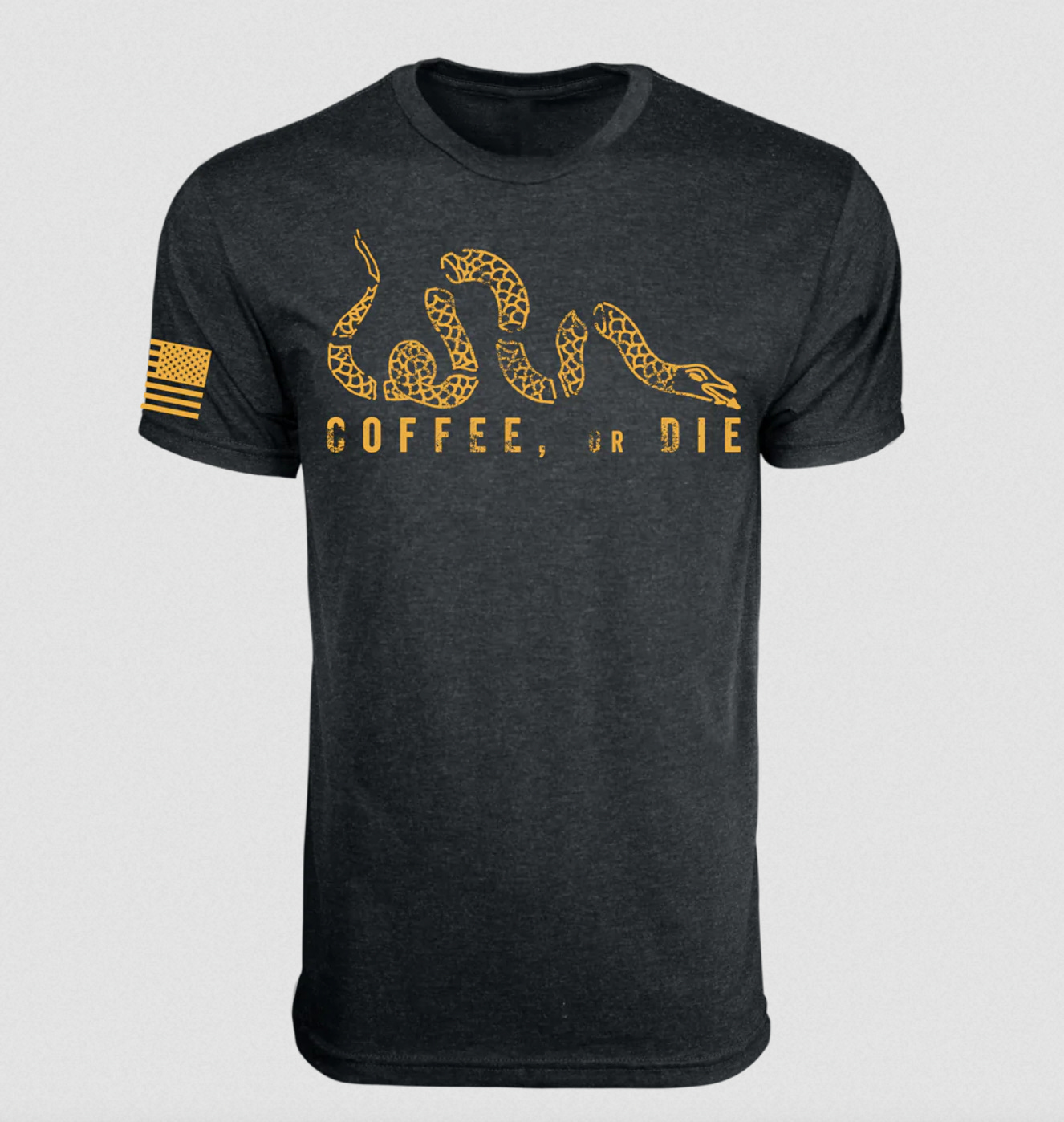 An image of a black t-shirt with gold lettering that says coffee or die. There is an historic snake graphic on the tee.