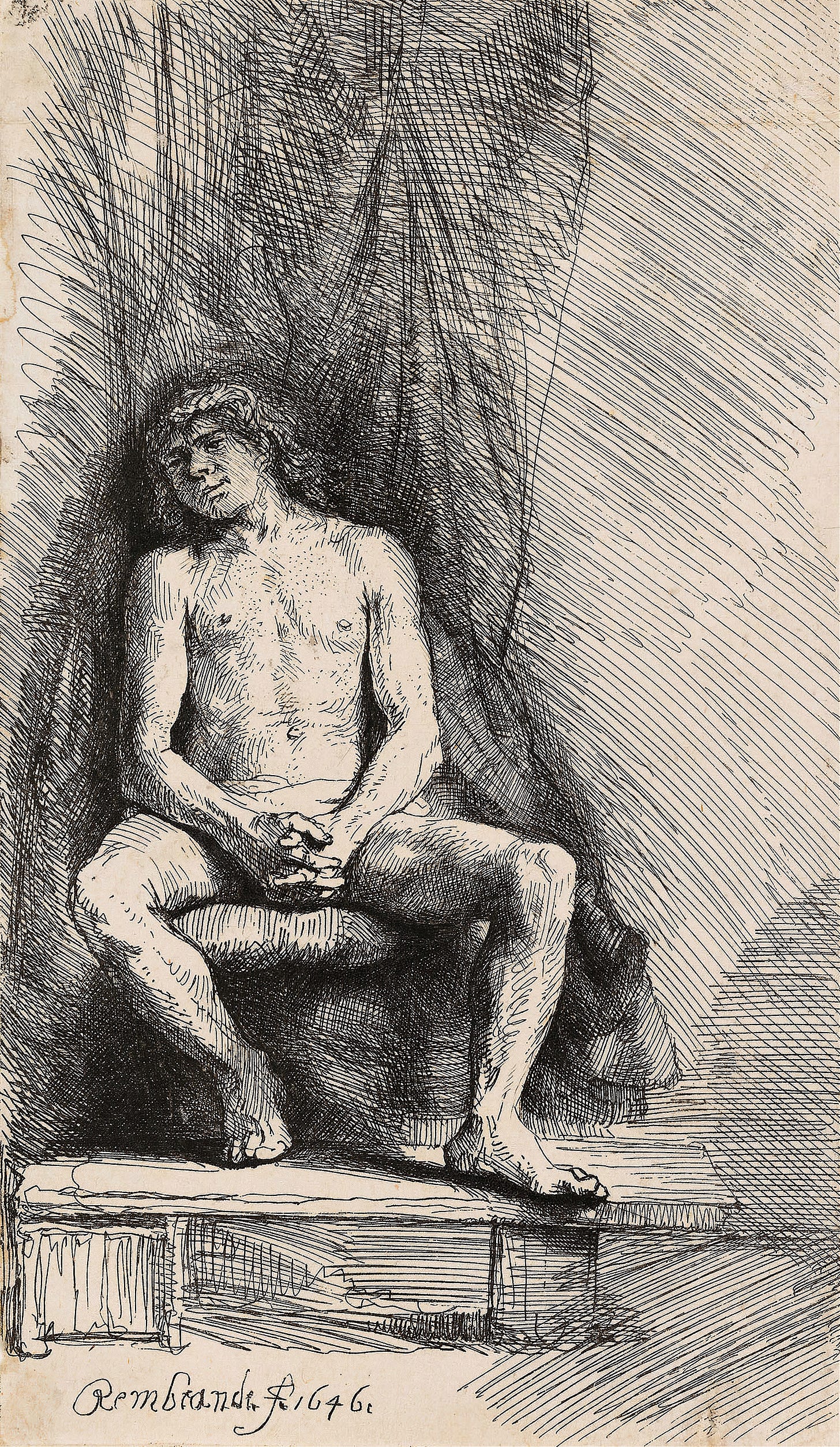 Nude Man Seated before a Curtain (1646) by Rembrandt van Rijn