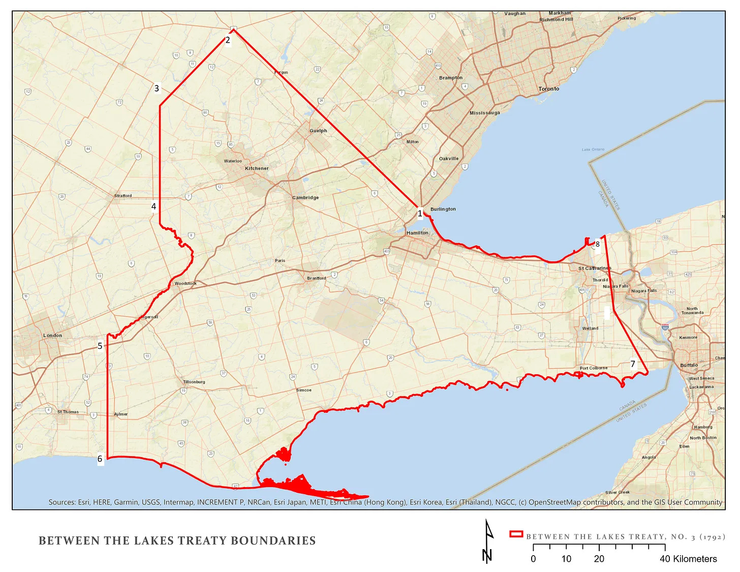 Map of the Between the Lakes Treaty spanning from Hamilton to Arthur to Tavistock to Mossley to Port Bruce along Lake Erie to Bertie Beach, up to Niagara on the Lake and then back to Hamilton.