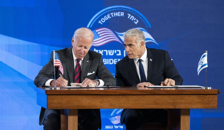 Israeli Prime Minister Yair Lapid lectures Joe Biden on the danger of a new  Iran nuclear deal - Washington Times
