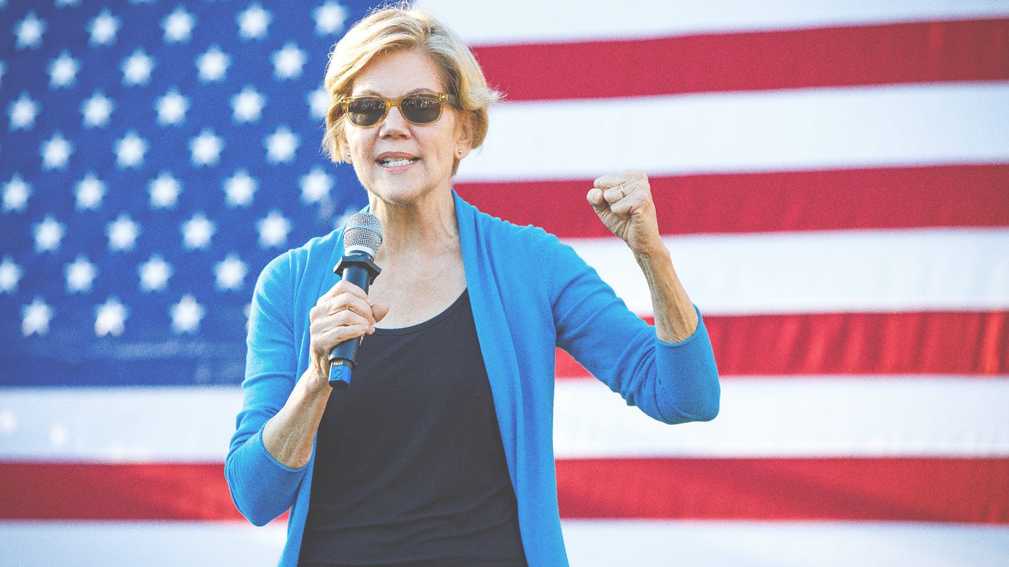 Elizabeth Warren bravely speaking with the US flag in the background