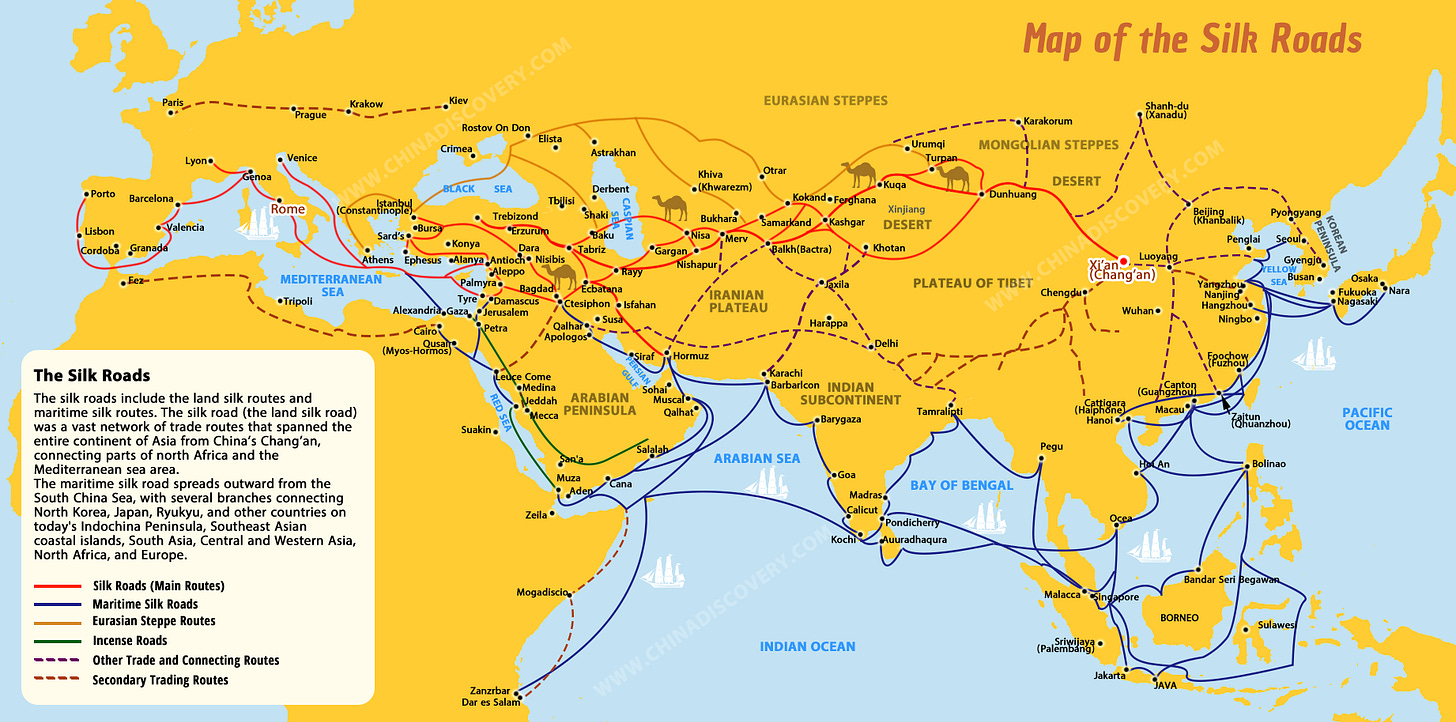 A map of the ancient Silk Roads across Asia and Europe