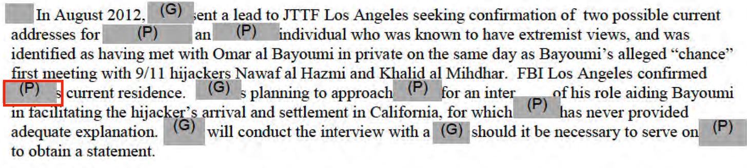 A screen capture of a portion of an FBI document. A sentence says "FBI Los Angeles confirmed [redacted's] current residence