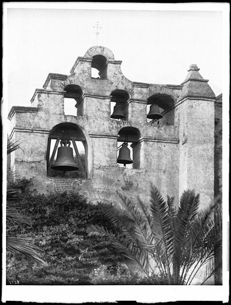 File:Bell tower of Mission San Gabriel from the front, 1900 (CHS-1738).jpg