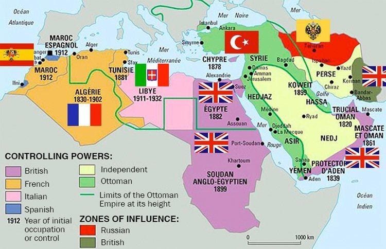 Midt-Østen sli det så ut før første verdenskrig. Tynn grønn linje viser Det osmanske rikets tidligere yttergrenser.