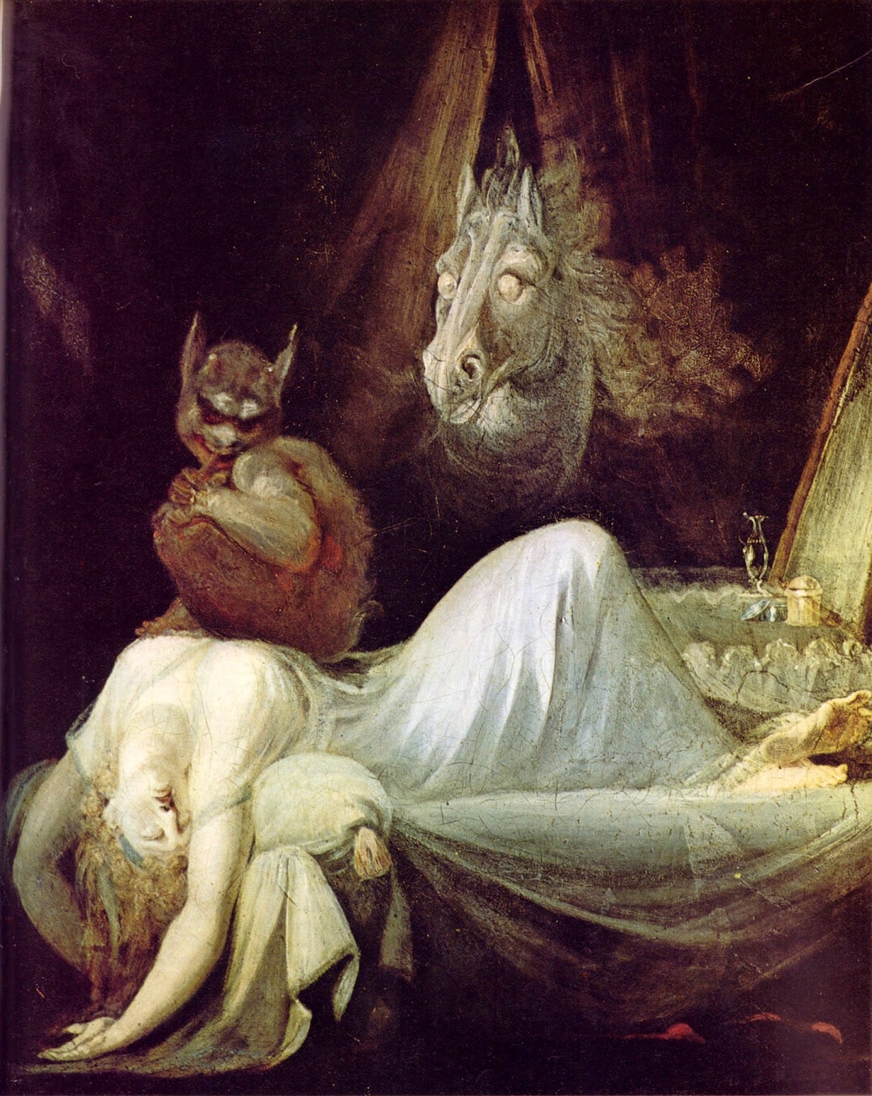 Dipinto a olio realistico. Una donna bionda con una camicia da notte bianca è distesa sul letto, con le braccia abbandonate sopra la testa. sul suo petto c'è un piccolo demone accucciato. Sullo sfondo il fantasma di un cavallo.