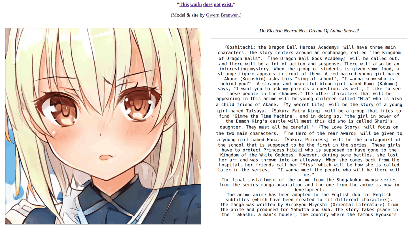 A screenshot of “This Waifu Does Not Exist” (TWDNE) showing a random StyleGAN-generated anime face and a random GPT-2-117M text sample conditioned on anime keywords/​phrases.