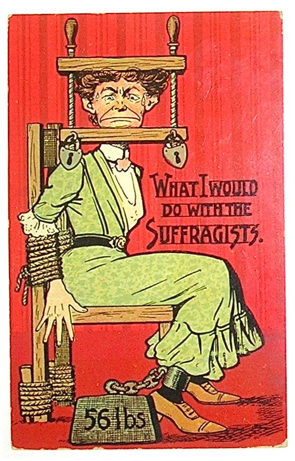 Anti suffrage cartoon of a woman tied to a chair with two boards locked above and below her head to prevent her from opening her mouth, with the caption "what I would do with the suffragists."