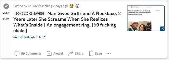 Man Gives Girlfriend A Necklace, 2 Years Later She Screams When She Realizes What’s Inside | An engagement ring. [60 fucking clicks]