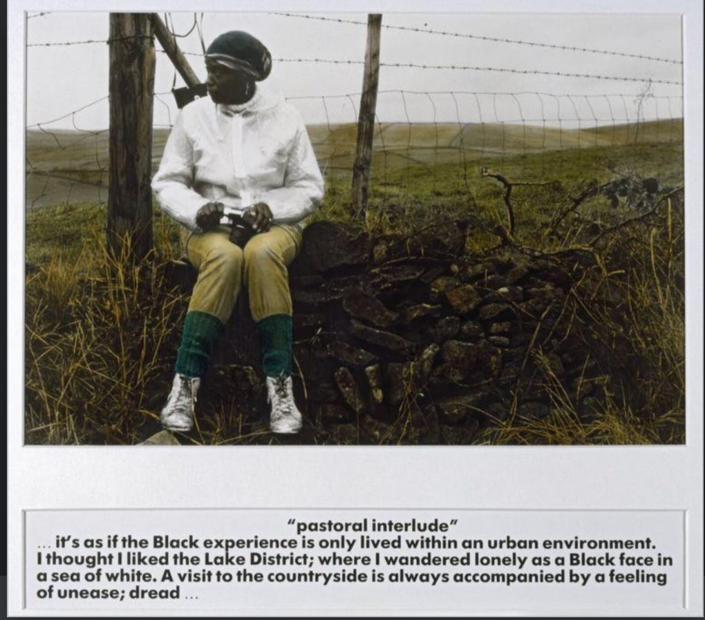 Photo from Ingrid Pollard's collection "pastoral interlude" of a Black British woman sitting in the countryside in front of a wire fence.