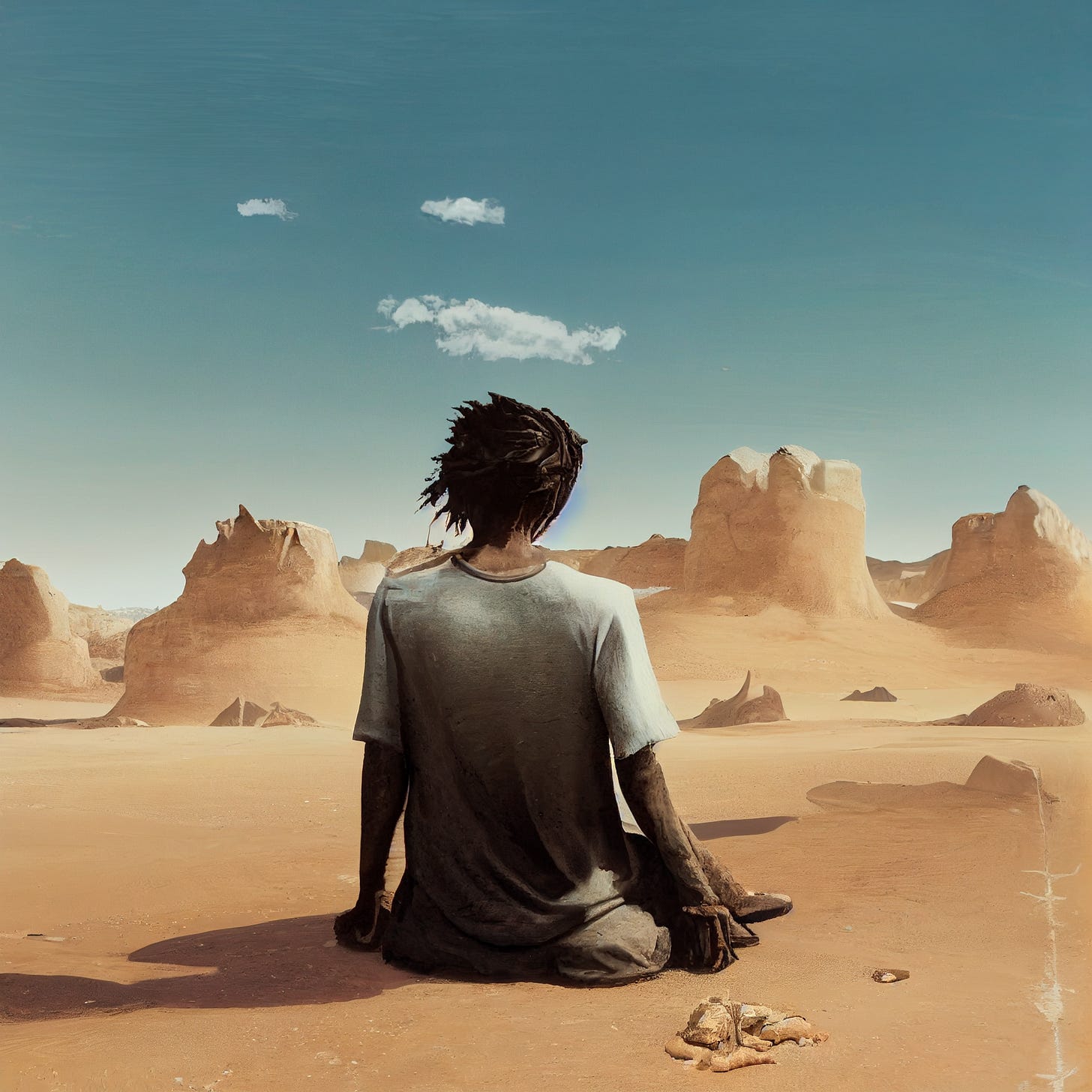 A midjourney generated image of a person with their back to the viewer, looking out over a lonely desert wasteland.