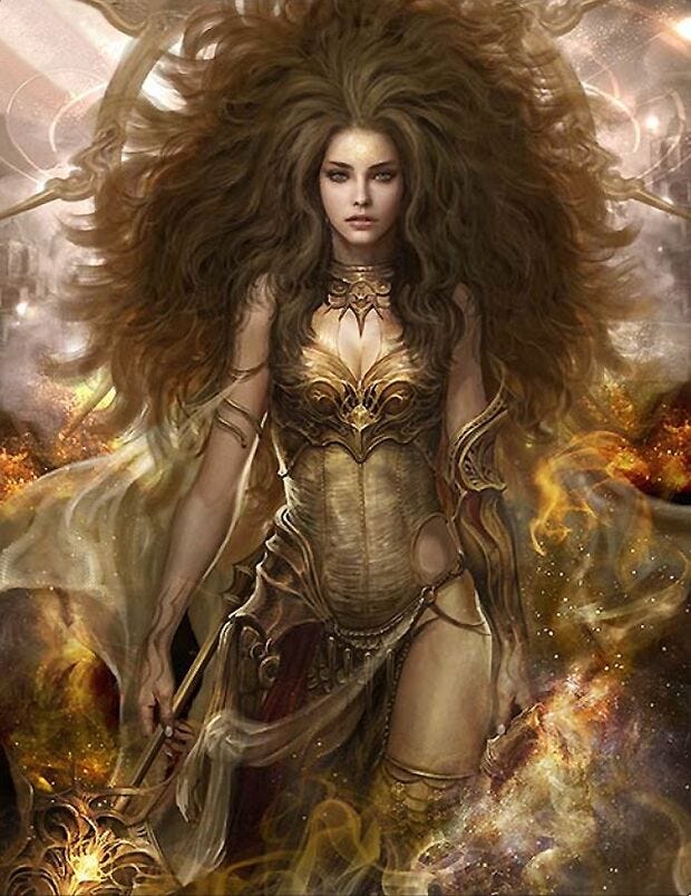 Fantasy woman with long flowing hair and wearing gold, surrounded by flame and light
