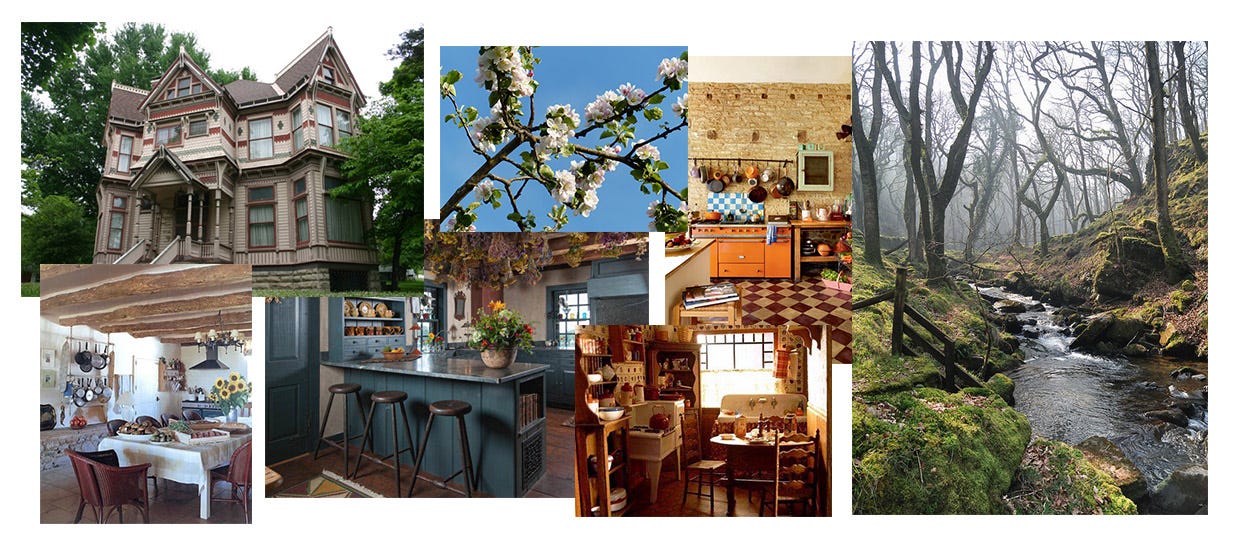 a series of aesthetic images - a farmhouse, some kitchens, apple blossoms, a stream