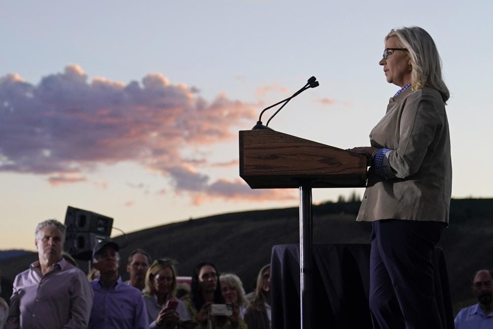Rep. Liz Cheney, R-Wyo., speaks Tuesday, Aug. 16, 2022, at a primary Election Day gathering at Mead Ranch in Jackson, Wyo. Cheney lost to challenger Harriet Hageman in the primary. (AP Photo/Jae C. Hong)