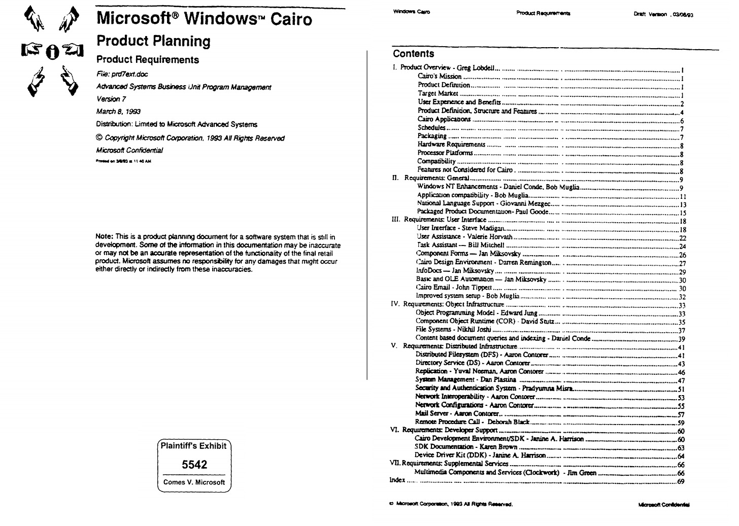 Microsoft Windows Cairo Product Planning: Product Requirements cover and table of contents from March 8, 1993