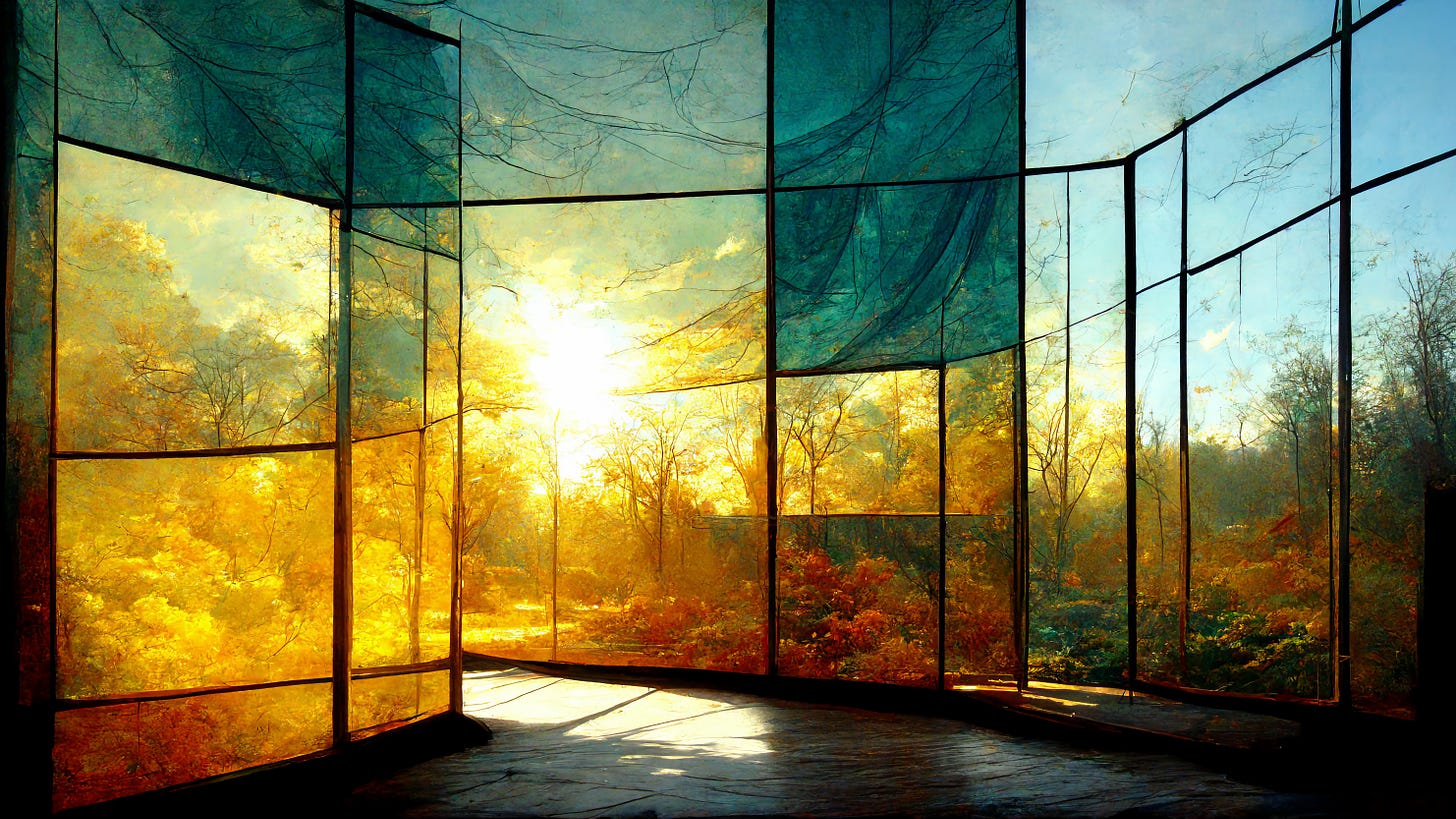 Image made with the assistance of Midjourney using the prompt A screen comes to life. It shows a glass panelled building basking in golden sun.