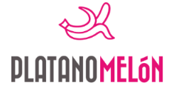 Il logo di Platanomelón: una banana stilizzata color fucsia su sfondo bianco a la scritta Platanomelón grigia e fucsia