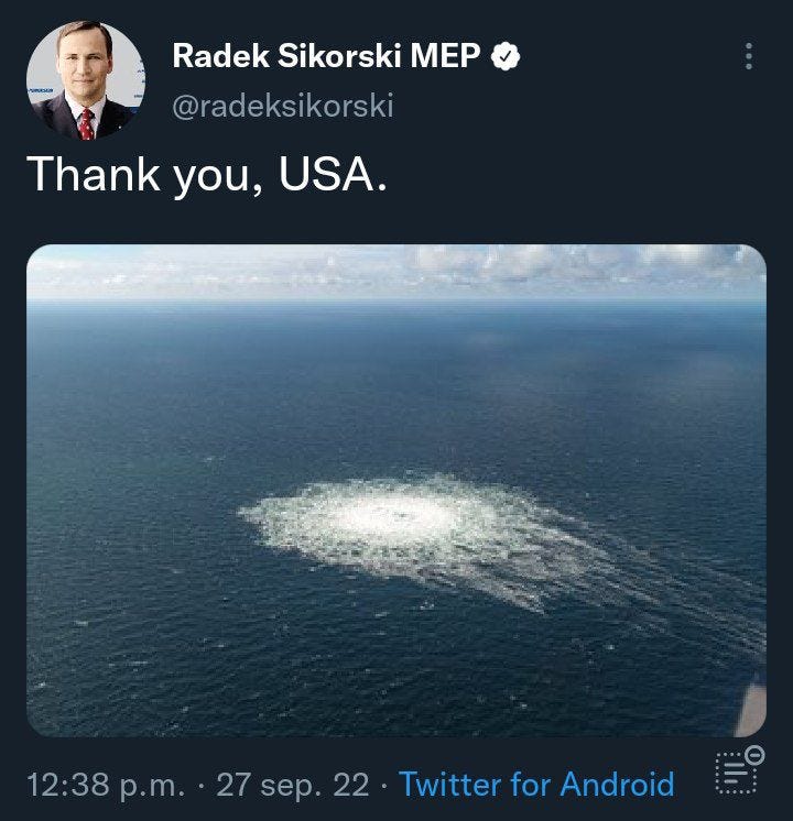 Aníbal Garzón on Twitter: "El Europarlamentario polaco Radek Sikorski  "agradece a EEUU" por el ataque al Nord Stream 1 y 2 que transporta gas  ruso a Alemania. La Historia nos dice que