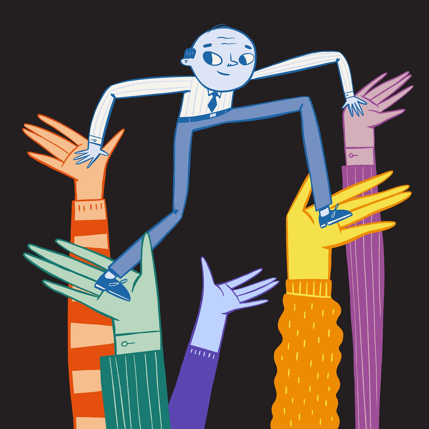 A man is being held up by the arms of 5 different people. He is balancing but has a smile on his face.