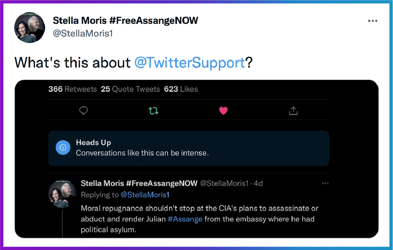 Warning label above tweet by Julian Assange’s fiancée Stella Moris.
