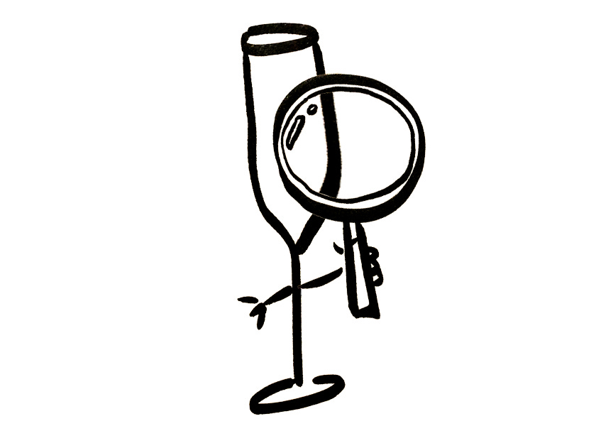 An anthropomorphic Champagne flute holding a magnifying glass