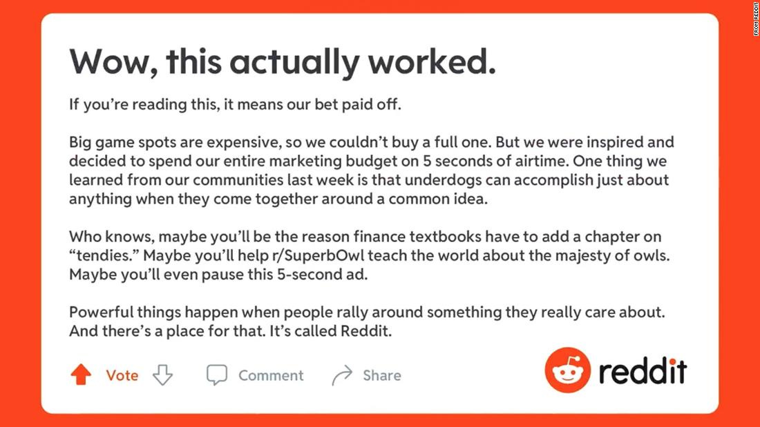 Reddit really did run a Super Bowl ad -- and it referenced when its users  disrupted Wall Street - CNN
