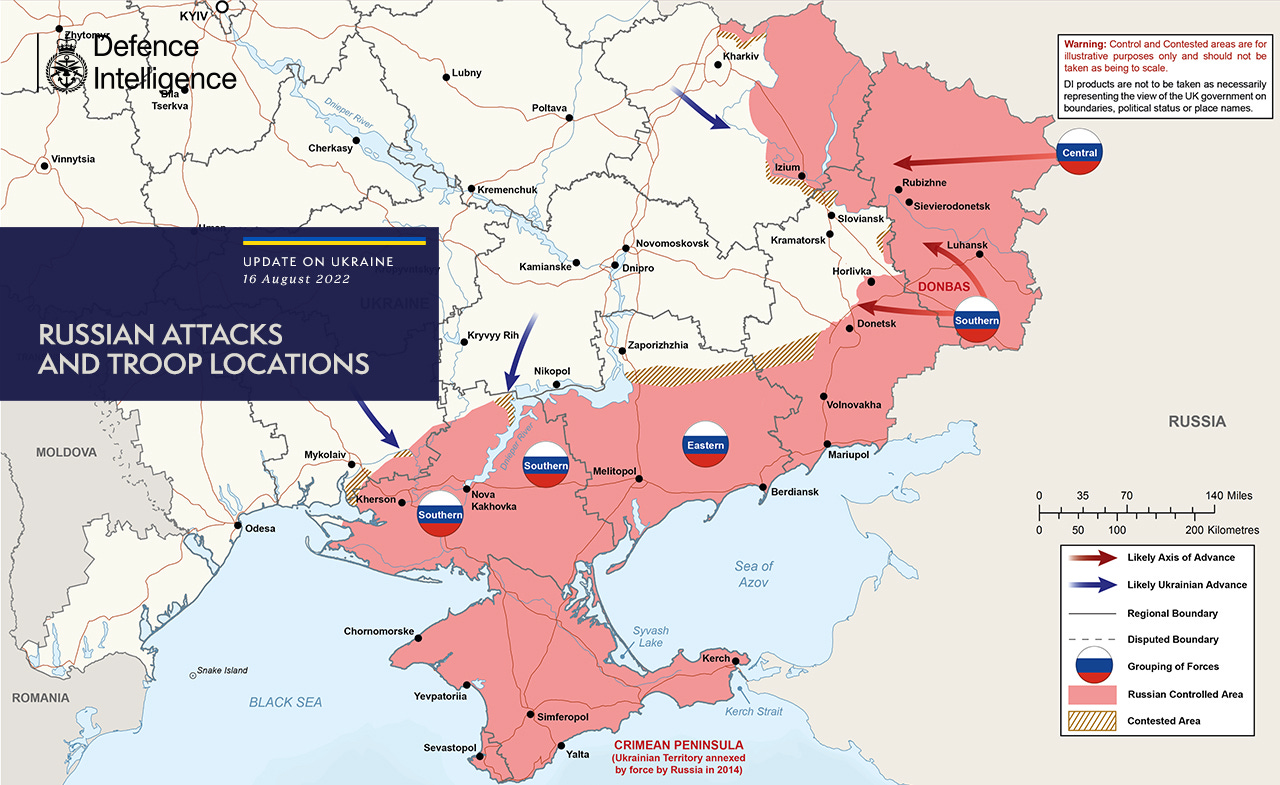 Russian attacks and troop locations map 16/08/22