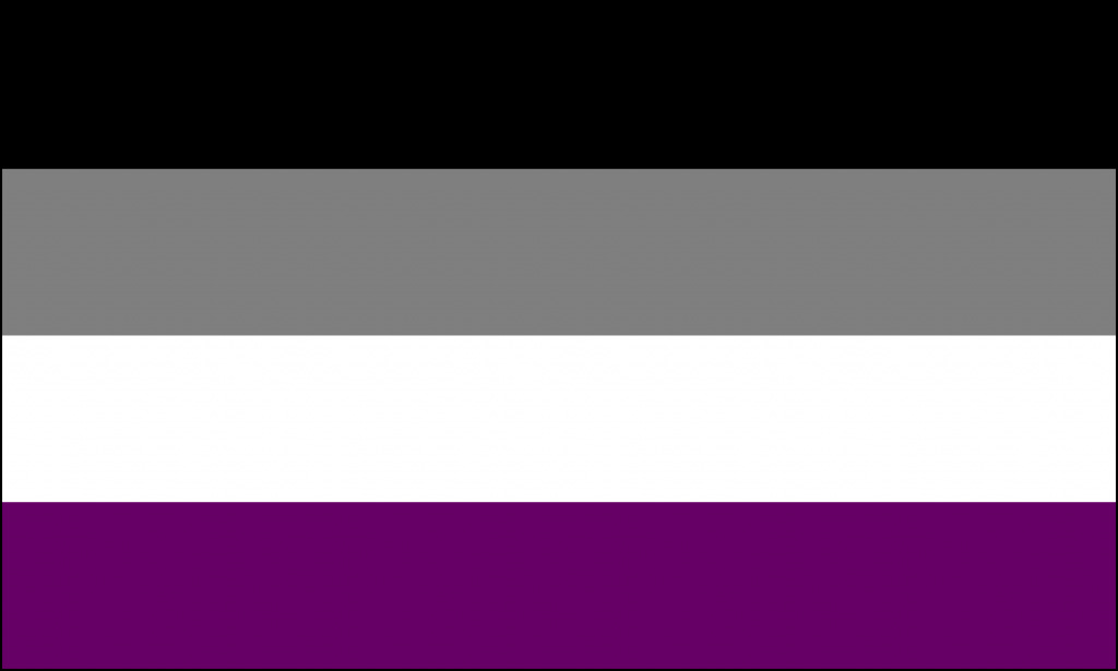The Asexual Pride flag, consisting of four horizontal stripes of black gray, white, and purple in order from top to bottom.