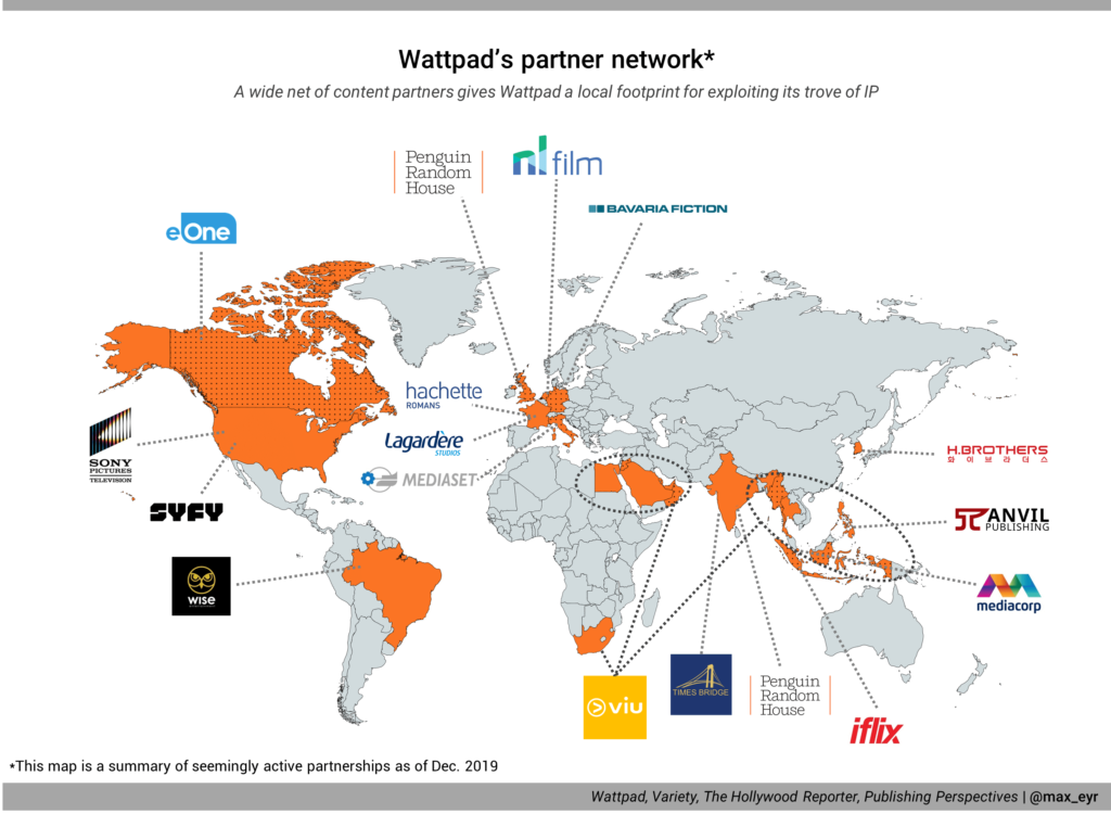 A map showing Wattpad's active content partnerships all around the world