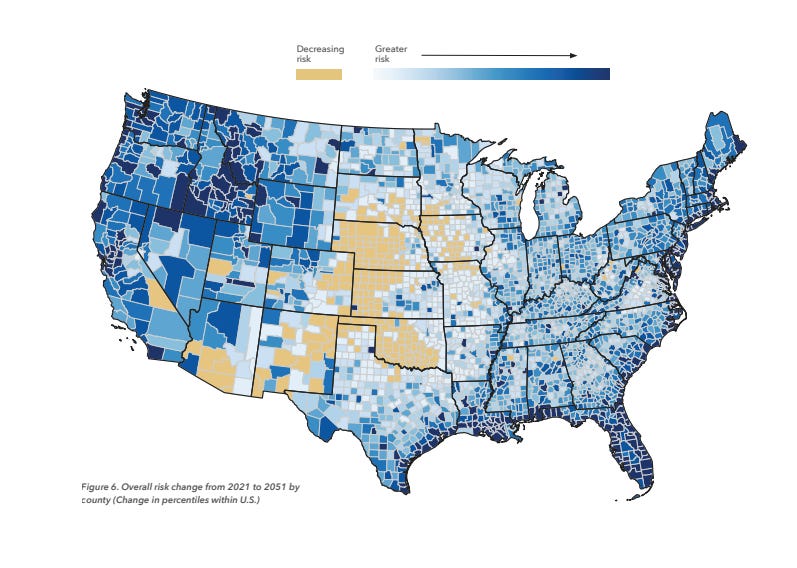 A map showing changes in flood risk across the USA out to 2051. There is a decreasing risk in the central American plains, but its getting worse everywhere else. Especially in the North West