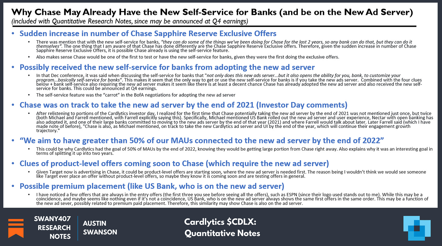 ImageCardlytics ($CDLX): Self-Service for Banks (Clues Chase is Using & Has the New Ad Server), Discussion on the benefits of self-service for banks, and why Chase may already have it and the new ad server. Chase, Wells Fargo, US Bank, BofA, Bank of America, Cardlytics $CDLX, Swany407, Austin Swanson, differentiation, AmEx, American Express, Customization, new banks, boosting, Engage, engagement, cash-back