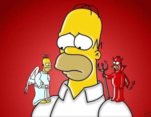Create comics meme "Homer angel and demon on his shoulders, Homer Simpson  with a gun, Homer Simpson demon" - Comics - Meme-arsenal.com