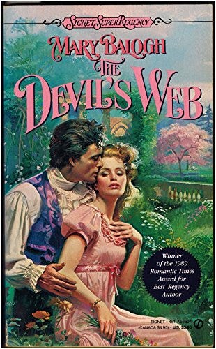 A dark haired man and a woman embrace outside in Regency clothes. She is wearing a pink dress and he is wearing a purple vest. The title of the book is The Devil's Web and the author is Mary Balogh.
