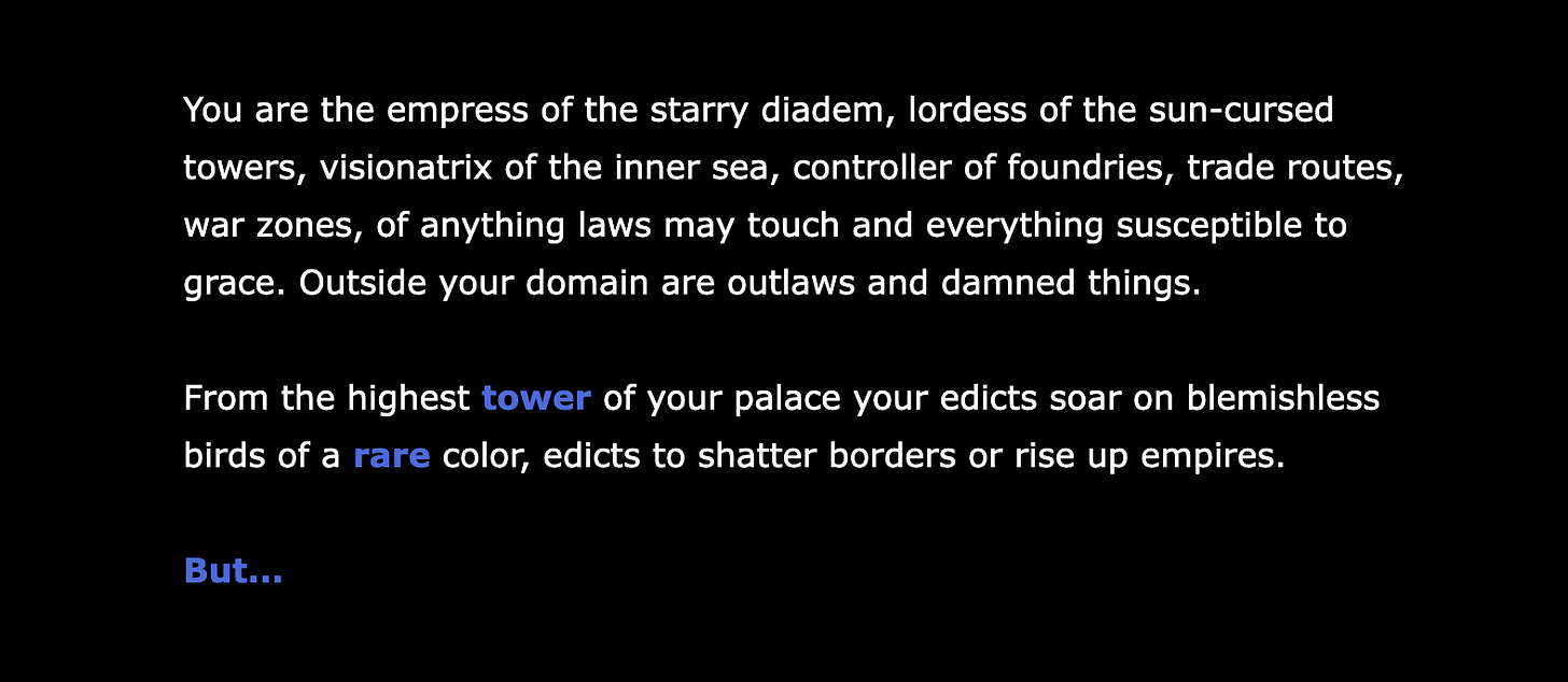 Screenshot from Howling Dogs showing white text on a black background: "You are the empress of the starry diadem..."