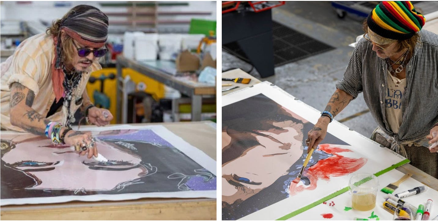 Two images, side by side, of Johnny Depp in an industrial space. In the left image he is drawing over a portrait of Elizabeth Taylor with a white paint marker. On the right he is painting on the margins of a portrait of Bob Dylan with some red paint.