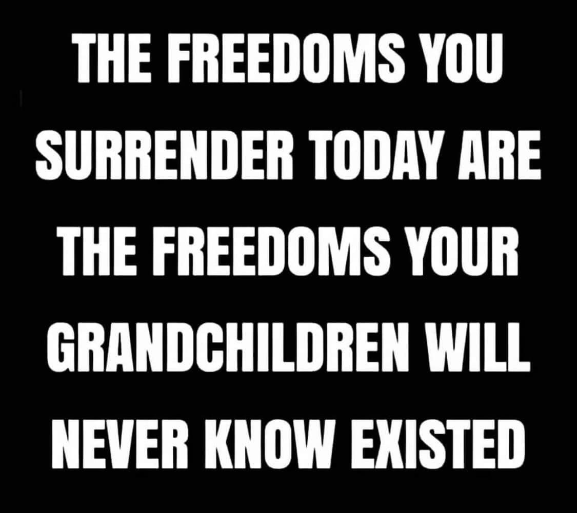 May be an image of text that says 'THE FREEDOMS YOU SURRENDER TODAY ARE THE FREEDOMS YOUR GRANDCHILDREN WILL NEVER KNOW EXISTED'
