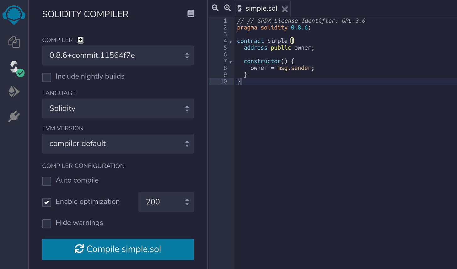 Screenshot showing Remix compiler configuration