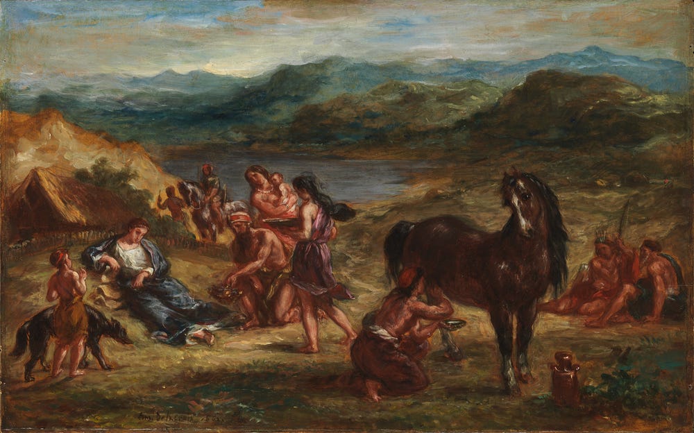 Ovide chez les Scythes (Ovid among the Scythians), by Eugène Delacroix, 1862, oil on paper mounted on wood, Metropolitan Museum of Art [public domain]
