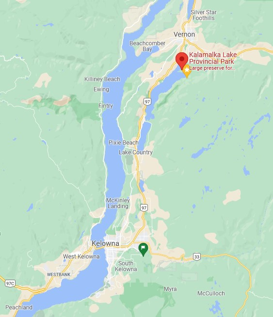 map of Kelowna and Vernon with the long lakes in the area