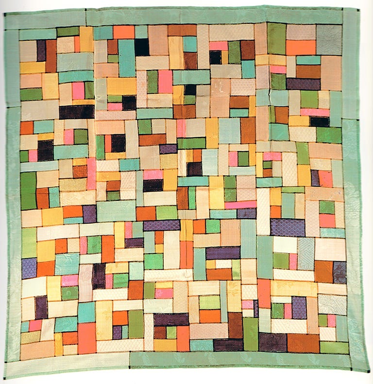 Oppo (bojagi for wrapping clothes), thin silk (sa) with patchwork design (chogak po), 19th century, Korea. 95 cm x 95 cm. © Museum of Korean Embroidery. In Profusion of Color : Korean Costumes & Wrapping Cloths of the Choson Dynasty (1995).