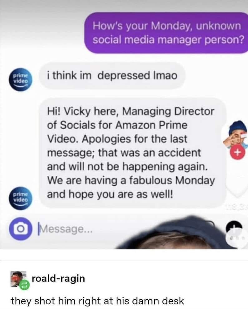 A chat screenshot that reads: Sender: “How’s your Monday, unknown social media manager person?” Prime Video Avatar: “i think im depressed lmao” Prime Video Avatar: “Hi! Vicky here, Managing Director of Socials for Amazon Prime Video. Apologies for that last message; that was an accident and will not be happening again. We are having a fabulous Monday and how you are as well!” Following the screenshot is a comment that reads “they shot him right at his damn desk”