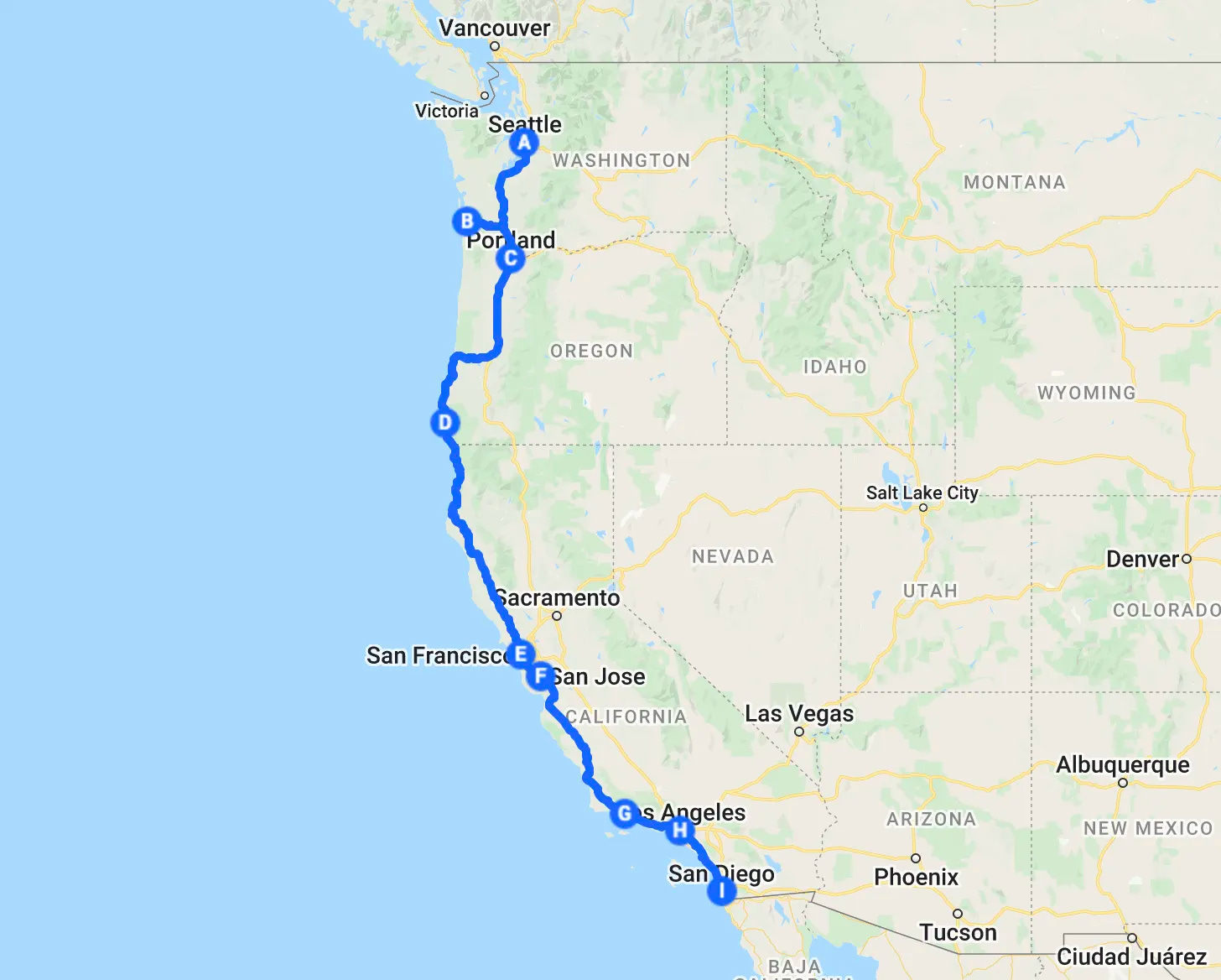 road map of pacific coast highway road trip