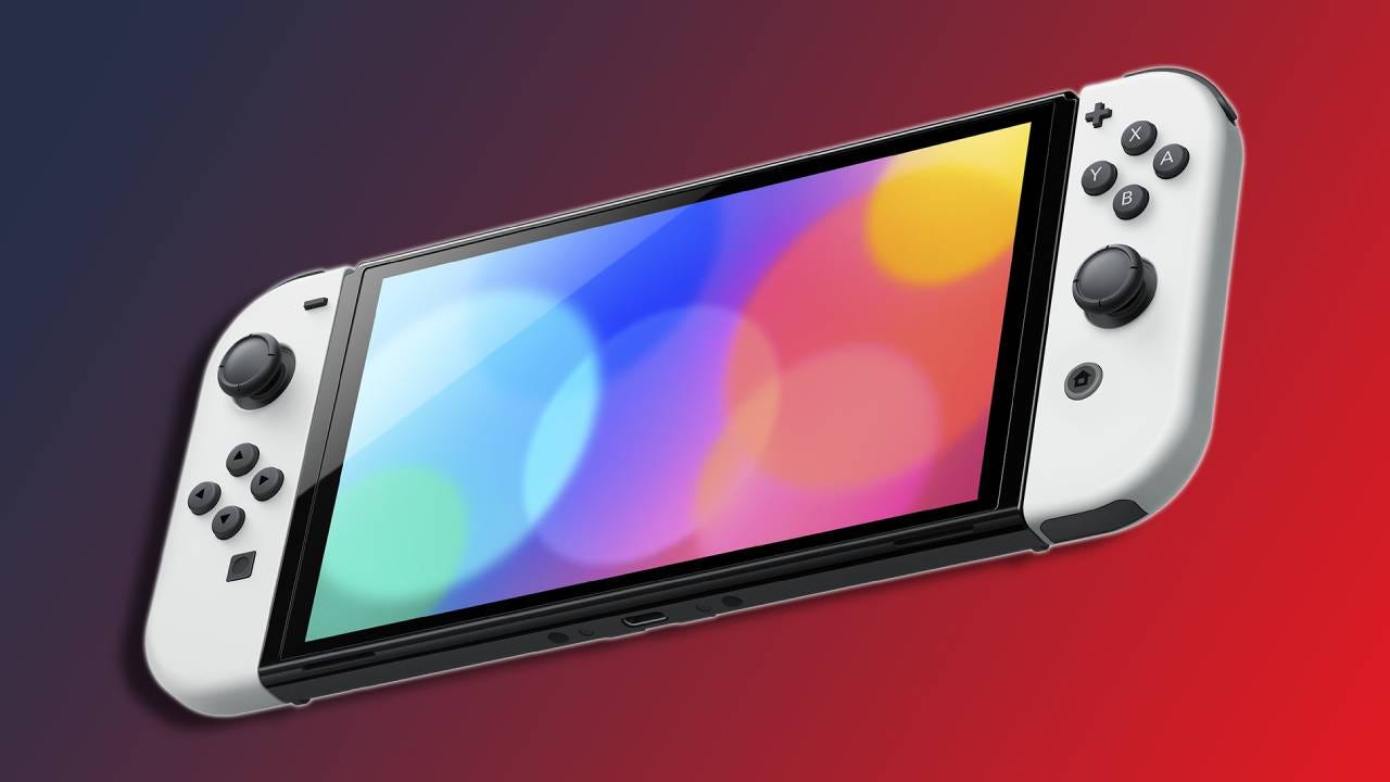 Nintendo Switch OLED on a red and blue background